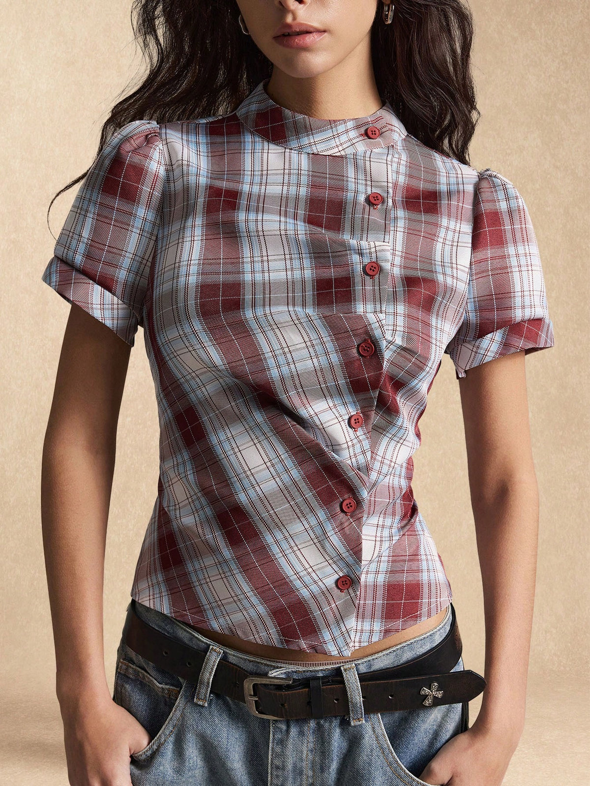 Comfortcana Summer New Women's Plaid Loose 70s Retro Short Sleeve Cinched Shirt, Suitable For Music Festivals, School, Cool, Street, Vintage, Y2K, Casual And Campus Style, Pink Top