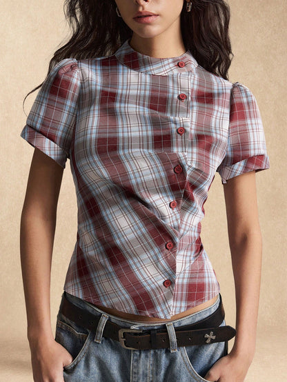 Comfortcana Summer New Women's Plaid Loose 70s Retro Short Sleeve Cinched Shirt, Suitable For Music Festivals, School, Cool, Street, Vintage, Y2K, Casual And Campus Style, Pink Top