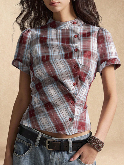 Comfortcana Summer New Women's Plaid Loose 70s Retro Short Sleeve Cinched Shirt, Suitable For Music Festivals, School, Cool, Street, Vintage, Y2K, Casual And Campus Style, Pink Top