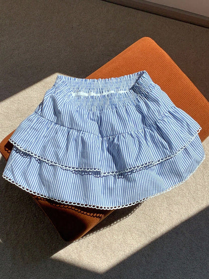 Comfortcana Women's A-Line Skirt, Blue And White Stripe Woven Fabric With Elastic Waist And Ruffle Hem, Suitable For Country Music Festival Beach Autumn Cute