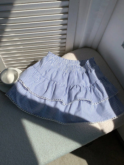 Comfortcana Women's A-Line Skirt, Blue And White Stripe Woven Fabric With Elastic Waist And Ruffle Hem, Suitable For Country Music Festival Beach Autumn Cute