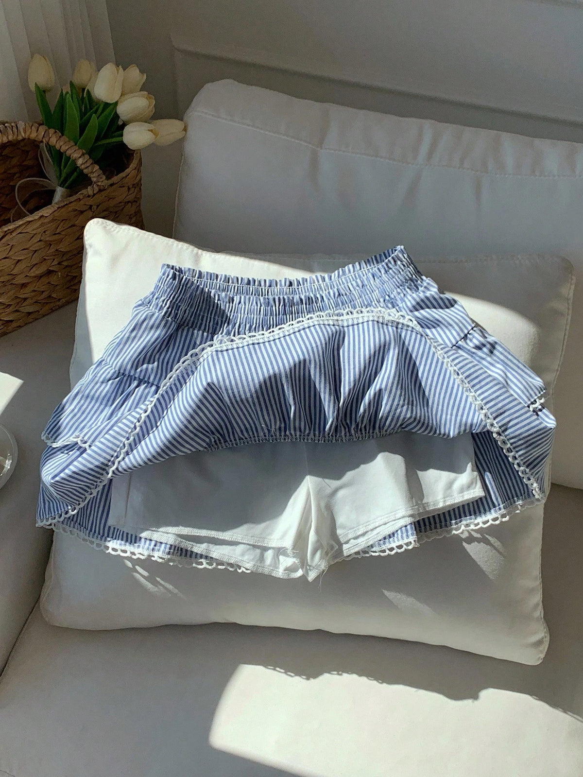 Comfortcana Women's A-Line Skirt, Blue And White Stripe Woven Fabric With Elastic Waist And Ruffle Hem, Suitable For Country Music Festival Beach Autumn Cute