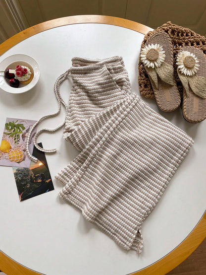 Comfortcana Women's Autumn Knit Striped Drawstring Waist Pockets Casual Pants,Perfect For Holiday Wear Beach Pink And White Striped