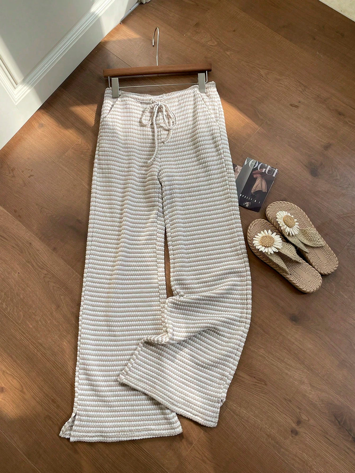 Comfortcana Women's Autumn Knit Striped Drawstring Waist Pockets Casual Pants,Perfect For Holiday Wear Beach Pink And White Striped