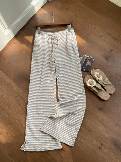 Comfortcana Women's Autumn Knit Striped Drawstring Waist Pockets Casual Pants,Perfect For Holiday Wear Beach Pink And White Striped