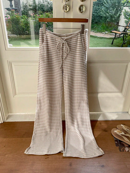 Comfortcana Women's Autumn Knit Striped Drawstring Waist Pockets Casual Pants,Perfect For Holiday Wear Beach Pink And White Striped