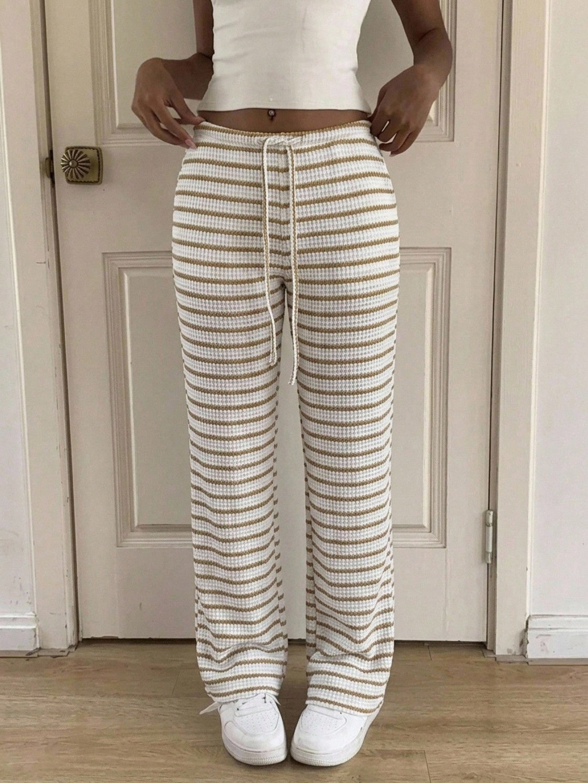 Comfortcana Women's Autumn Knit Striped Drawstring Waist Pockets Casual Pants,Perfect For Holiday Wear Beach Pink And White Striped