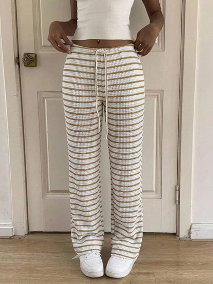 Comfortcana Women's Autumn Knit Striped Drawstring Waist Pockets Casual Pants,Perfect For Holiday Wear Beach Pink And White Striped