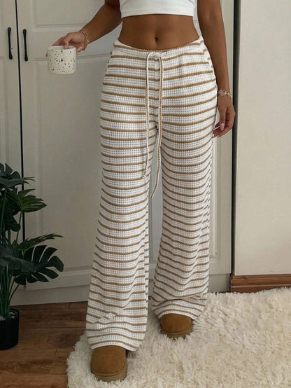 Comfortcana Women's Autumn Knit Striped Drawstring Waist Pockets Casual Pants,Perfect For Holiday Wear Beach Pink And White Striped