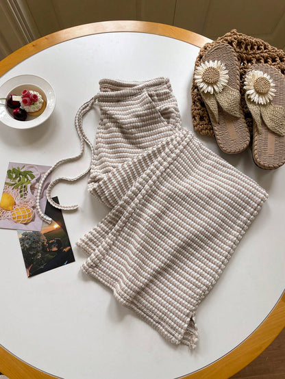 Comfortcana Women's Autumn Knit Striped Drawstring Waist Pockets Casual Pants,Perfect For Holiday Wear Beach Pink And White Striped