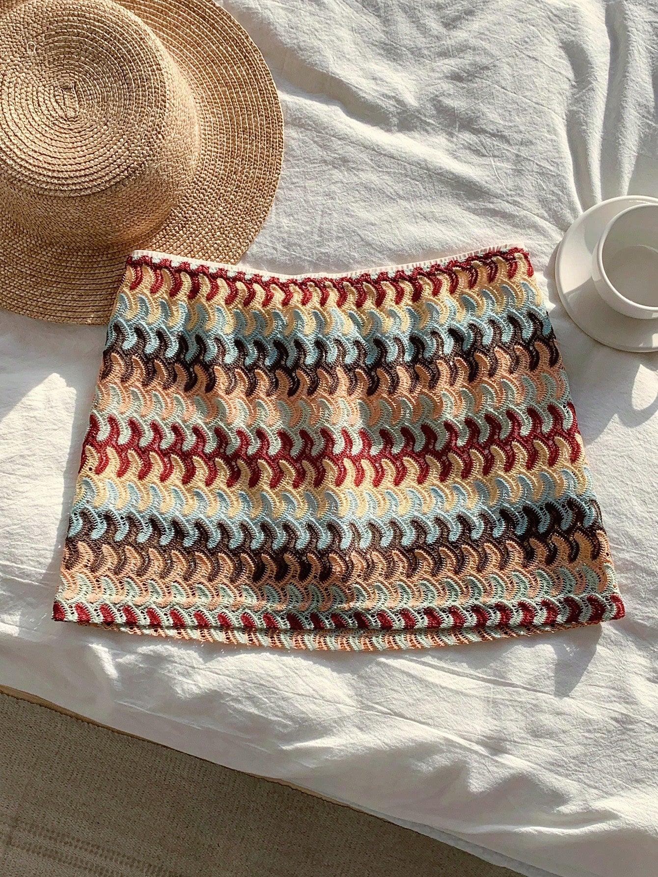 Comfortcana Women's Knitted Mini Skirt: Brown And Blue Wave Pattern Short Skirt With Knot Detail Vacation Autumn 1960s Vintage 70s Old Money
