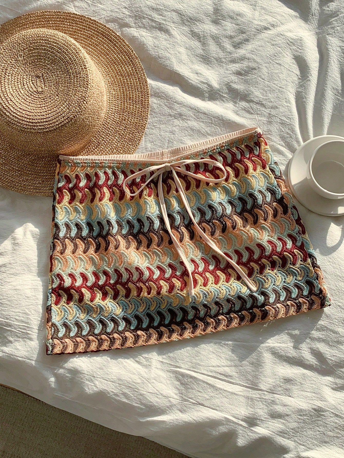 Comfortcana Women's Knitted Mini Skirt: Brown And Blue Wave Pattern Short Skirt With Knot Detail Vacation Autumn 1960s Vintage 70s Old Money
