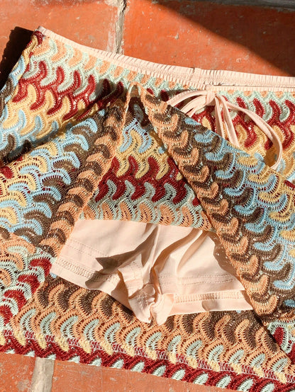 Comfortcana Women's Knitted Mini Skirt: Brown And Blue Wave Pattern Short Skirt With Knot Detail Vacation Autumn 1960s Vintage 70s Old Money