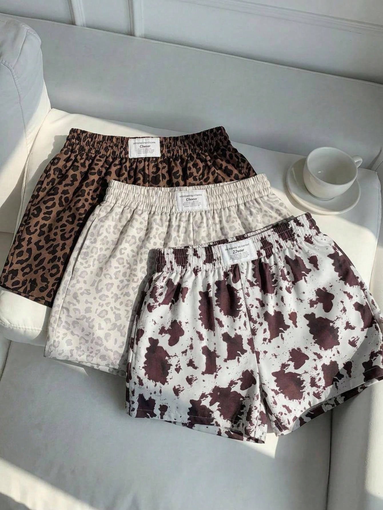 Comfortcana Women's Leopard & Cow Print Casual Versatile Daily Shorts 3pcs Set