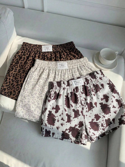Comfortcana Women's Leopard & Cow Print Casual Versatile Daily Shorts 3pcs Set