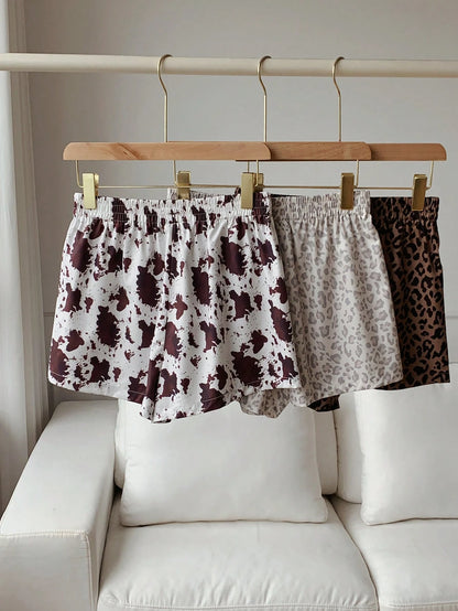 Comfortcana Women's Leopard & Cow Print Casual Versatile Daily Shorts 3pcs Set
