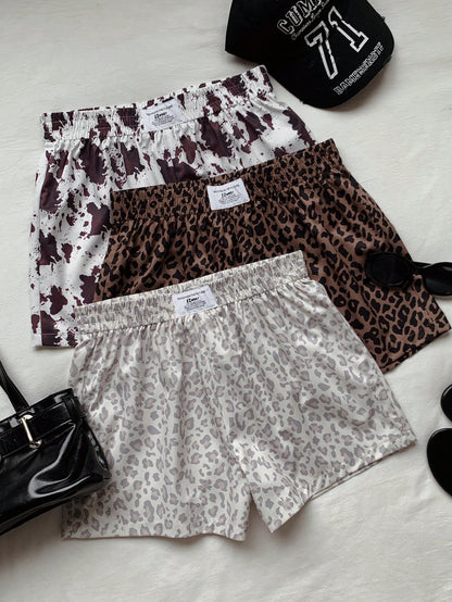 Comfortcana Women's Leopard & Cow Print Casual Versatile Daily Shorts 3pcs Set