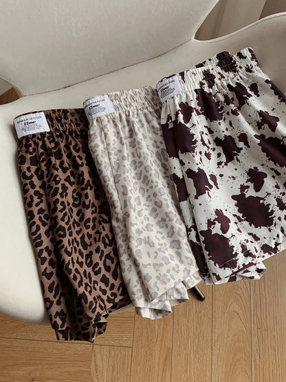 Comfortcana Women's Leopard & Cow Print Casual Versatile Daily Shorts 3pcs Set