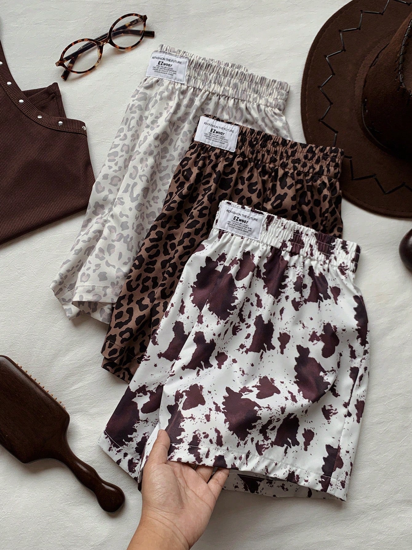Comfortcana Women's Leopard & Cow Print Casual Versatile Daily Shorts 3pcs Set