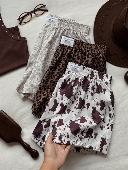 Comfortcana Women's Leopard & Cow Print Casual Versatile Daily Shorts 3pcs Set