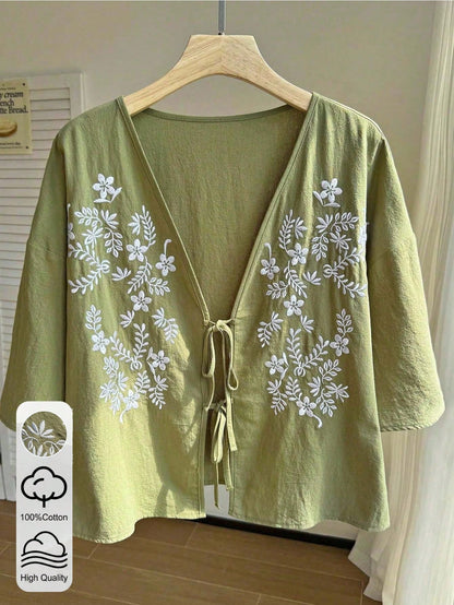 Comfortcana Women's Pattern Print V-Neck Knot Button Plus Size Short Sleeve Shirt Vacation Olive Green Summer Boho Gothic Vacation