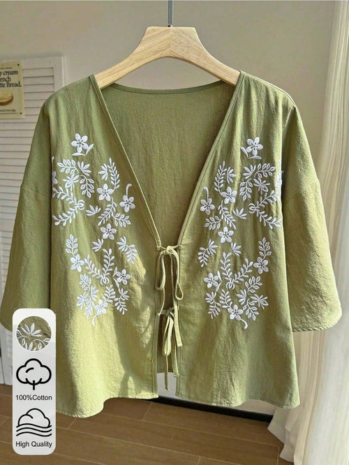 Comfortcana Women's Pattern Print V-Neck Knot Button Plus Size Short Sleeve Shirt Vacation Olive Green Summer Boho Gothic Vacation
