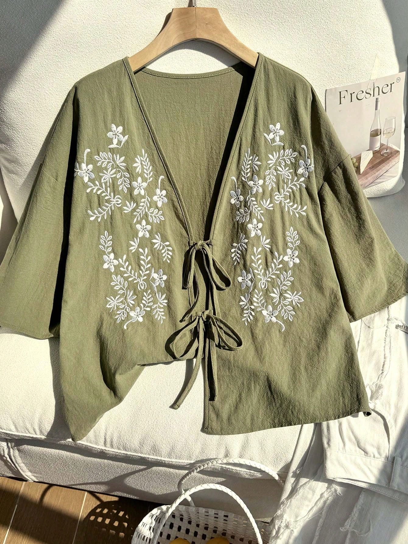 Comfortcana Women's Pattern Print V-Neck Knot Button Plus Size Short Sleeve Shirt Vacation Olive Green Summer Boho Gothic Vacation