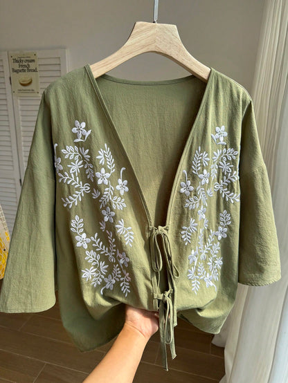 Comfortcana Women's Pattern Print V-Neck Knot Button Plus Size Short Sleeve Shirt Vacation Olive Green Summer Boho Gothic Vacation