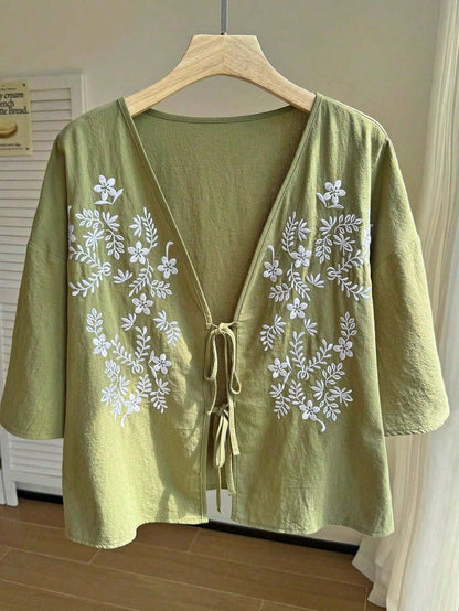 Comfortcana Women's Pattern Print V-Neck Knot Button Plus Size Short Sleeve Shirt Vacation Olive Green Summer Boho Gothic Vacation