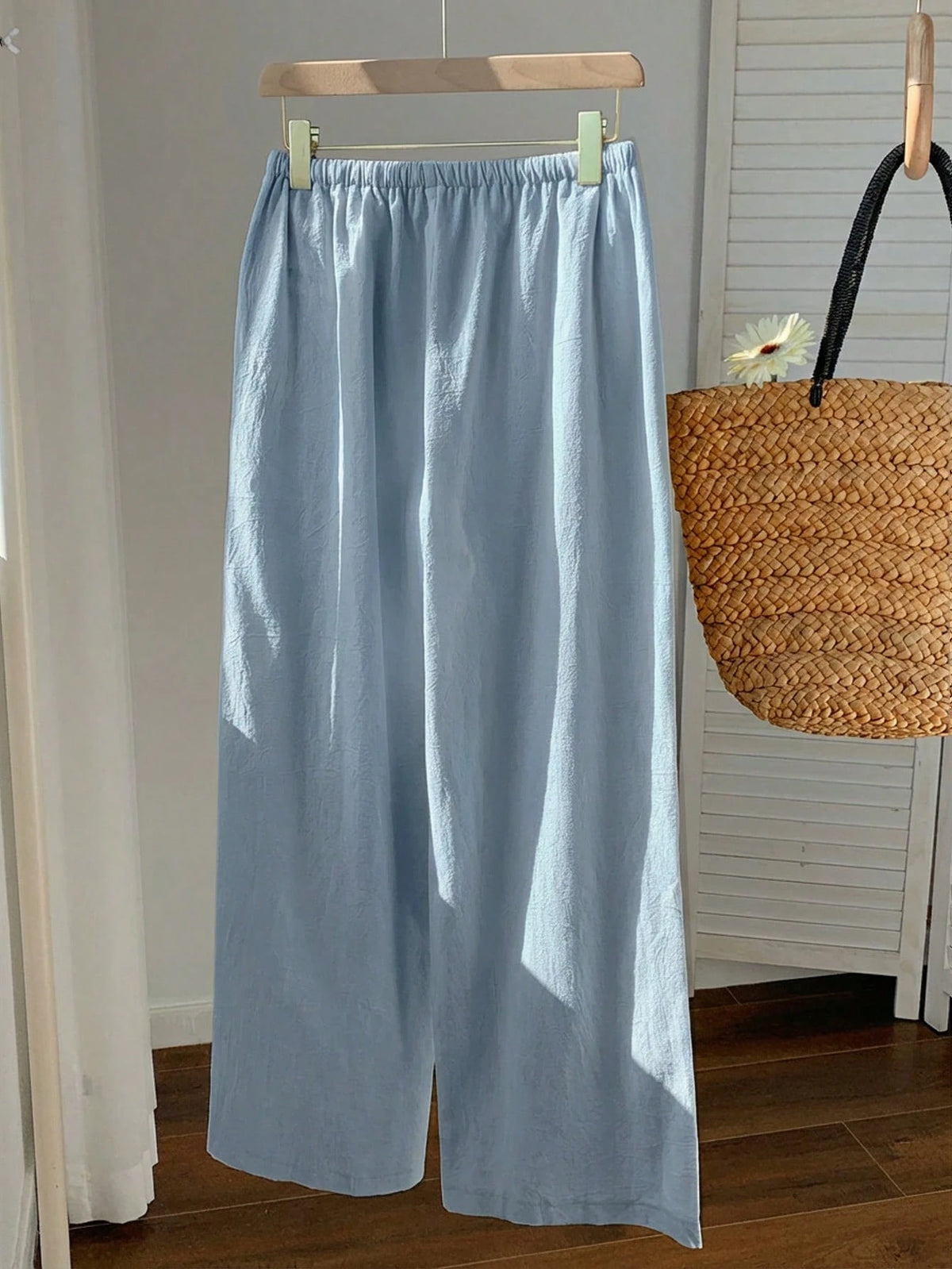 Comfortcana Women's Summer Drawstring Waist Starfish & Shell Print Casual Versatile Wide Leg Pants, Suitable For Daily Wear, Spring, Blue