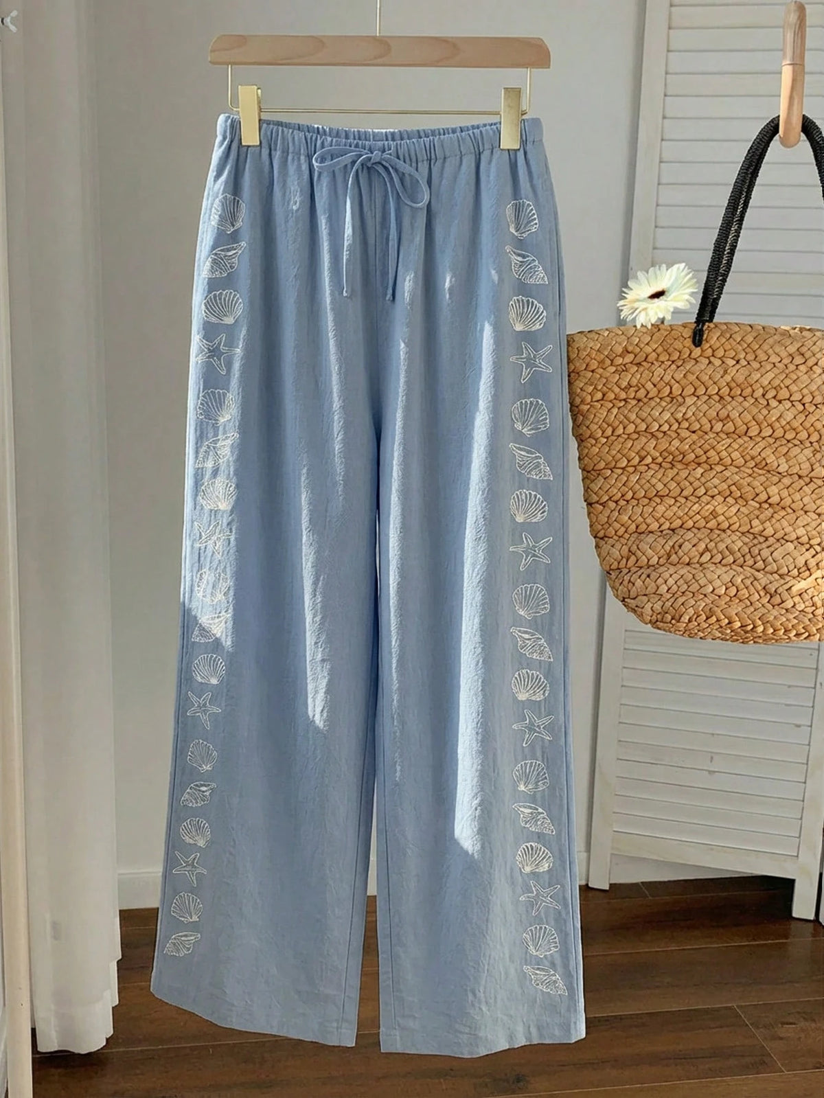 Comfortcana Women's Summer Drawstring Waist Starfish & Shell Print Casual Versatile Wide Leg Pants, Suitable For Daily Wear, Spring, Blue