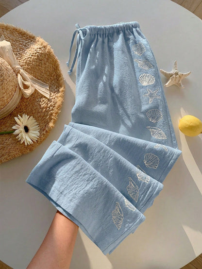 Comfortcana Women's Summer Drawstring Waist Starfish & Shell Print Casual Versatile Wide Leg Pants, Suitable For Daily Wear, Spring, Blue