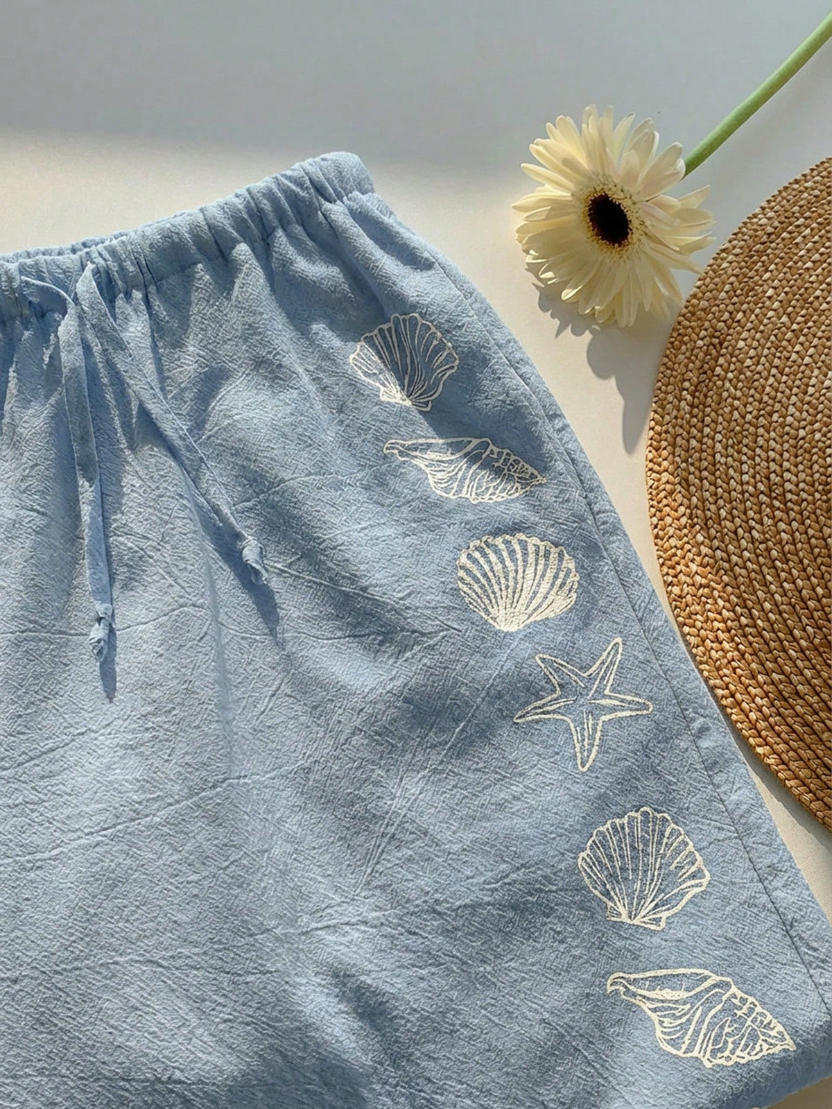Comfortcana Women's Summer Drawstring Waist Starfish & Shell Print Casual Versatile Wide Leg Pants, Suitable For Daily Wear, Spring, Blue