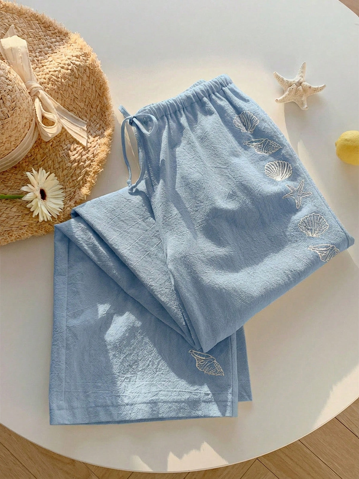 Comfortcana Women's Summer Drawstring Waist Starfish & Shell Print Casual Versatile Wide Leg Pants, Suitable For Daily Wear, Spring, Blue