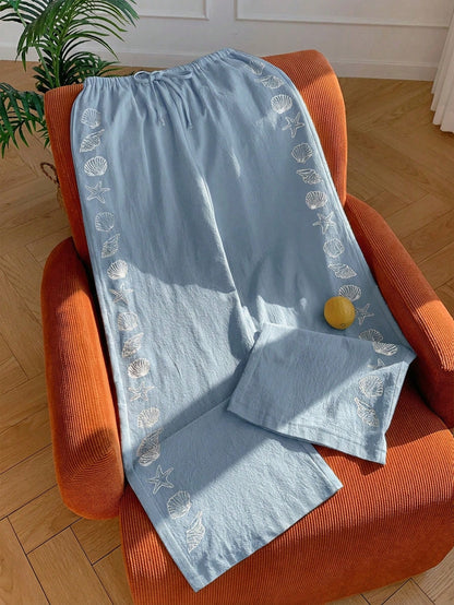 Comfortcana Women's Summer Drawstring Waist Starfish & Shell Print Casual Versatile Wide Leg Pants, Suitable For Daily Wear, Spring, Blue