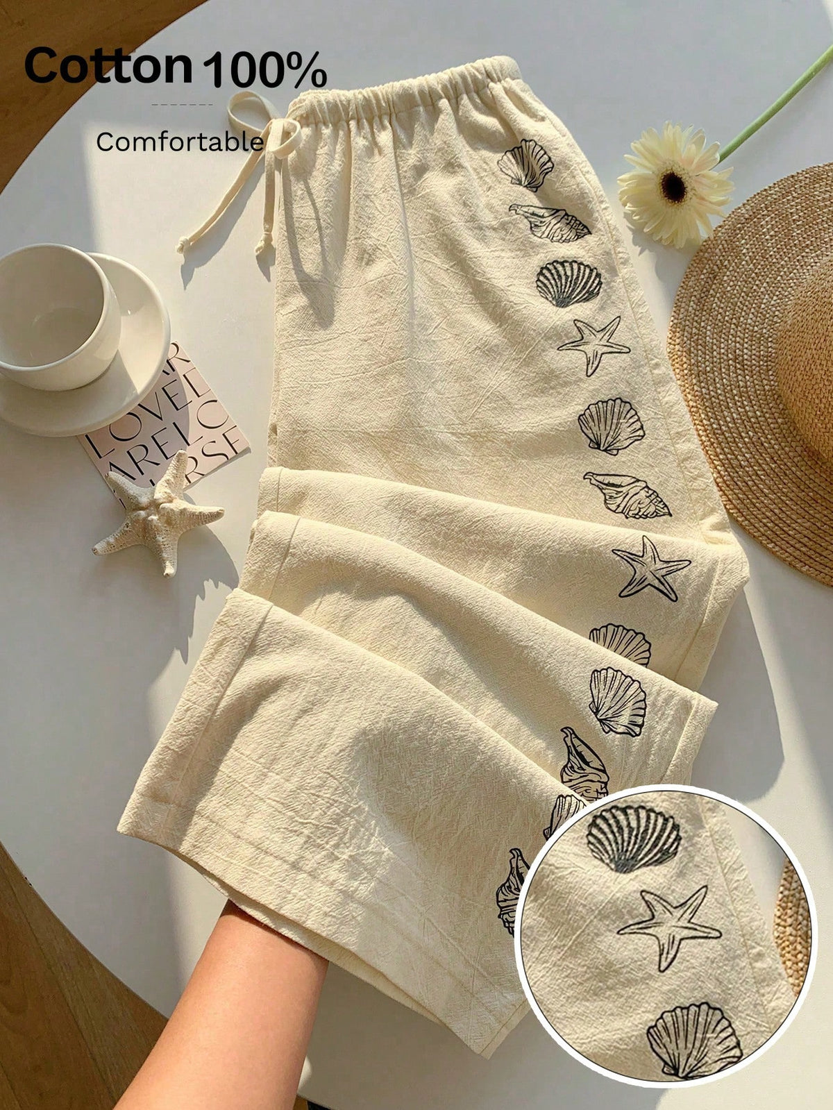 Comfortcana Women's Summer Drawstring Waist Starfish & Shell Print Casual Versatile Wide Leg Pants, Suitable For Daily Wear, Spring, Blue