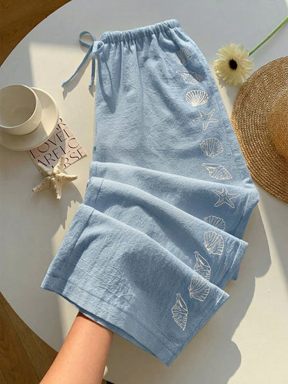 Comfortcana Women's Summer Drawstring Waist Starfish & Shell Print Casual Versatile Wide Leg Pants, Suitable For Daily Wear, Spring, Blue