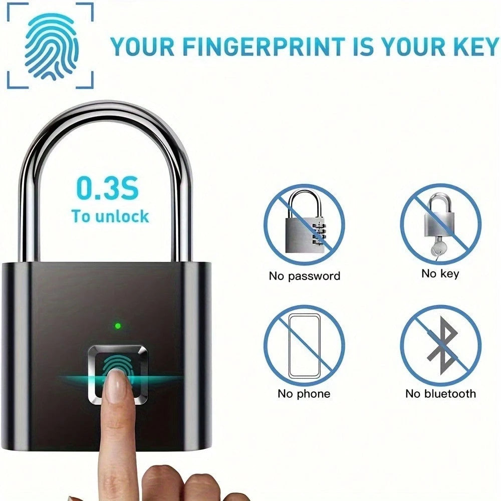 Compact Smart Fingerprint Padlock- IP56 Waterproof, Keyless Security, USB Rechargeable, Lightweight Aluminum- Ideal For Luggage, Briefcases And Backpacks