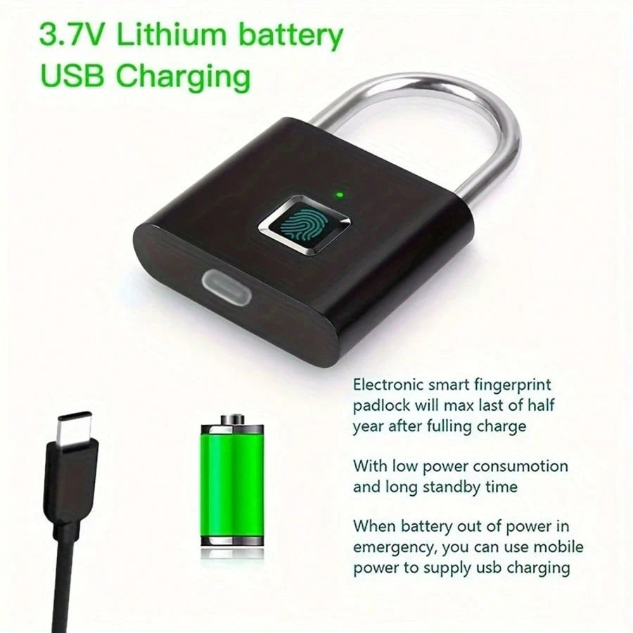 Compact Smart Fingerprint Padlock- IP56 Waterproof, Keyless Security, USB Rechargeable, Lightweight Aluminum- Ideal For Luggage, Briefcases And Backpacks