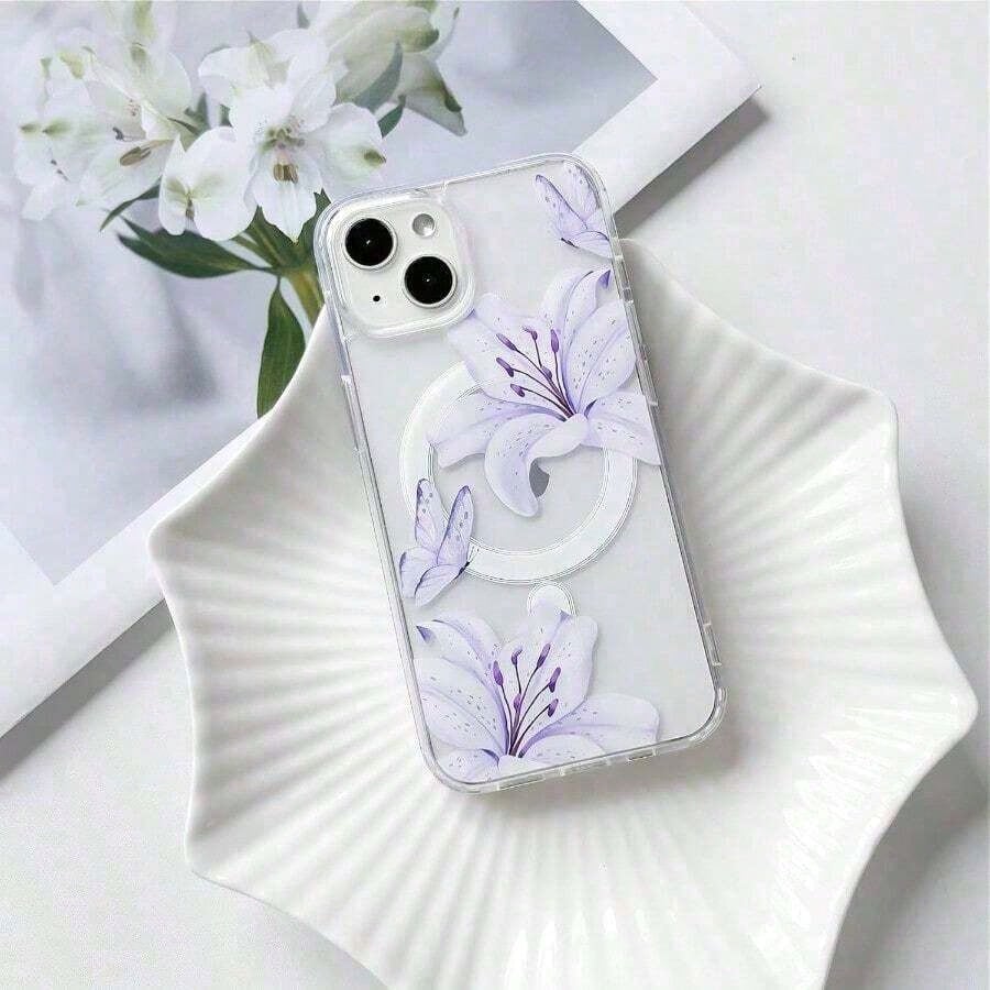 Compatible With 13/14 Case Clear Magnetic Compatible With MagSafe Cute Lily Flowers Floral For Women Girls Hard PC Back Shockproof Protective Phone Cover Purple Summer 17 Pro Max Case 17 Case 17 Pro C