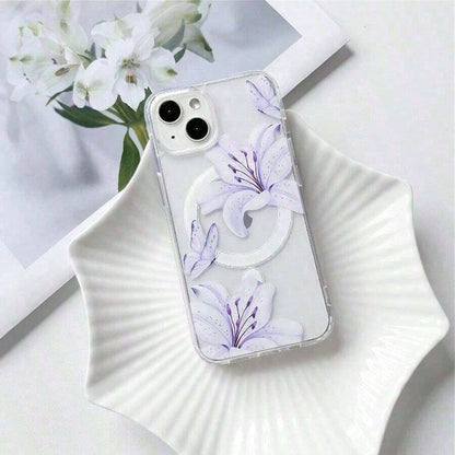 Compatible With 13/14 Case Clear Magnetic Compatible With MagSafe Cute Lily Flowers Floral For Women Girls Hard PC Back Shockproof Protective Phone Cover Purple Summer 17 Pro Max Case 17 Case 17 Pro C