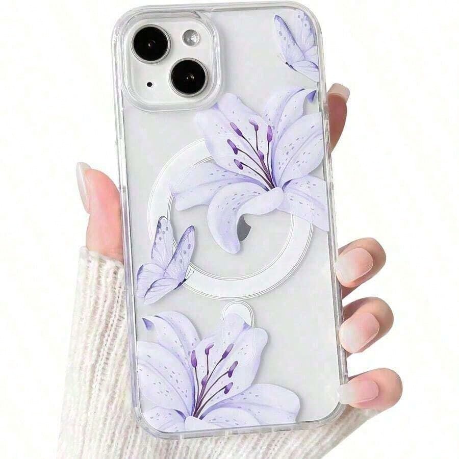 Compatible With 13/14 Case Clear Magnetic Compatible With MagSafe Cute Lily Flowers Floral For Women Girls Hard PC Back Shockproof Protective Phone Cover Purple Summer 17 Pro Max Case 17 Case 17 Pro C