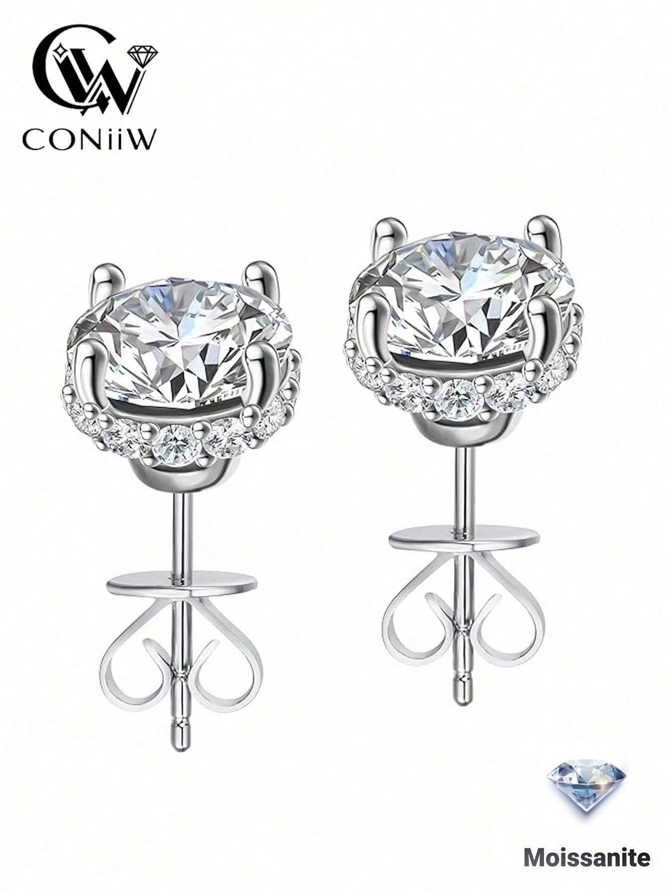 ConiiW S925 Moissanite 4-Prong Earrings, Classic Elegant Design For Men & Women, Suitable For Couples, Travel, Dates, Dinners, Gifts For Anniversary, Birthday, Wedding, Proposal, Jewelry