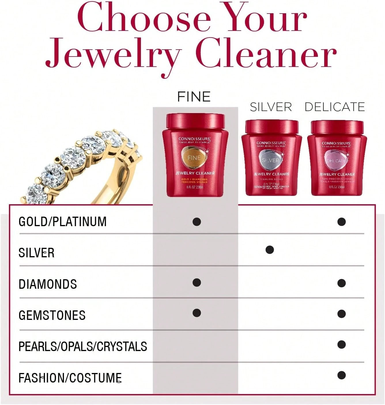 CONNOISSEURS Premium Edition Jewelry Cleaner, Value Size 9.6oz - Pick From Fine, Silver Or Delicate Jewelry Cleaner