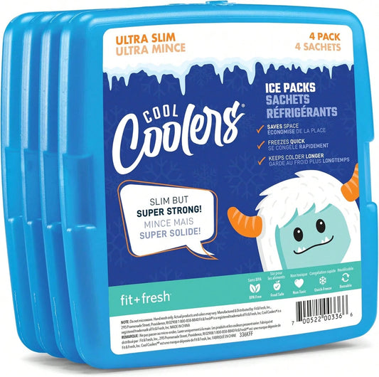 Cool Coolers By Fit + Fresh, 4 Pack Slim Ice Packs, Space Saving Reusable Ice Packs For Lunch Boxes Or Coolers