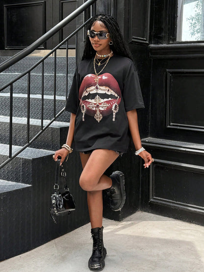 Coolane Coolgirl Women's & Men's Summer Streetwear Couple Costumes Hip-Hop Graphics Black Oversized T-Shirt