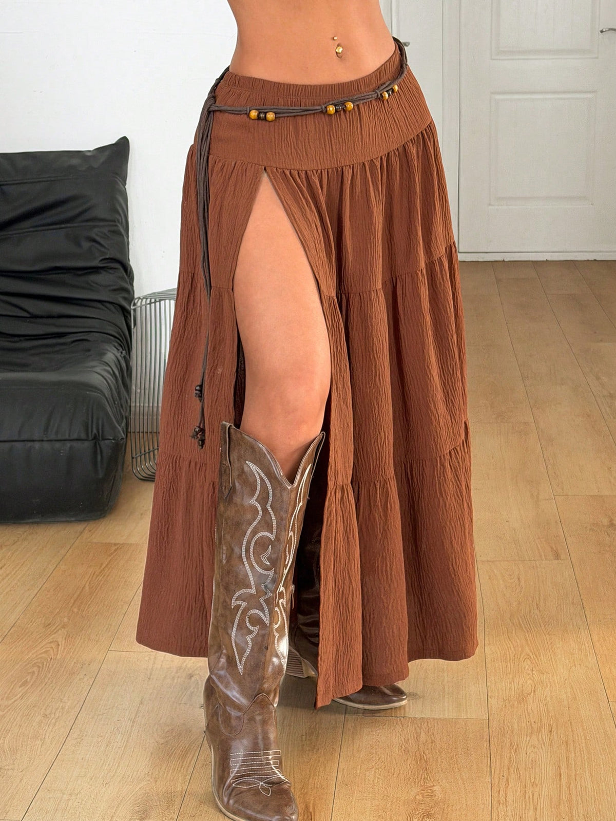 Coolane Summer For Women Streetwear Going Out Vacation Casual Boho Textured Pleated Low Rise Split Shades Of Brown Skirt, Casual Western Beach