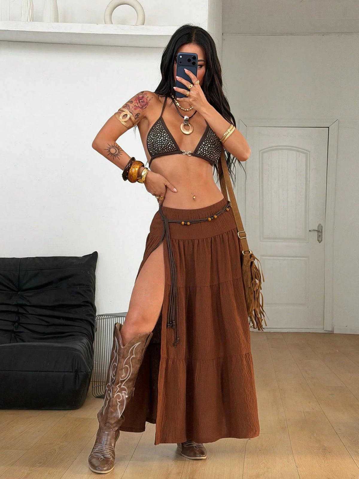 Coolane Summer For Women Streetwear Going Out Vacation Casual Boho Textured Pleated Low Rise Split Shades Of Brown Skirt, Casual Western Beach