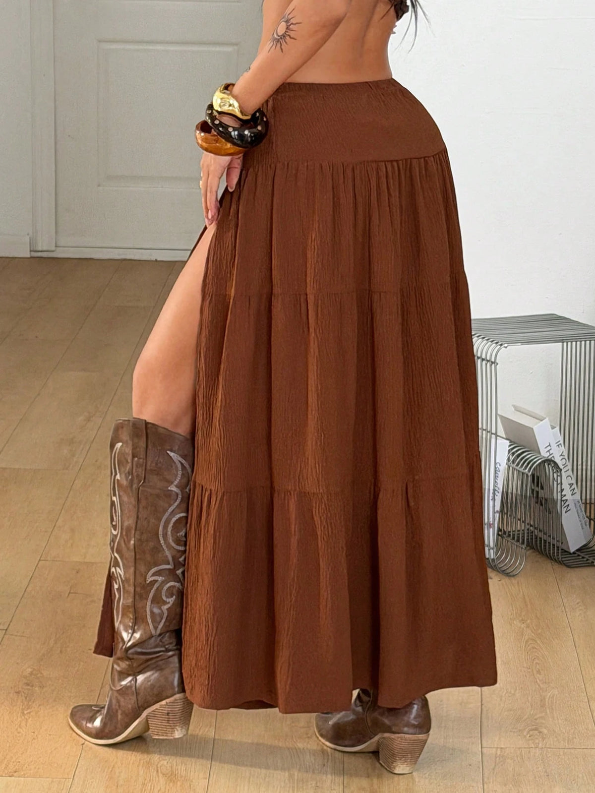 Coolane Summer For Women Streetwear Going Out Vacation Casual Boho Textured Pleated Low Rise Split Shades Of Brown Skirt, Casual Western Beach