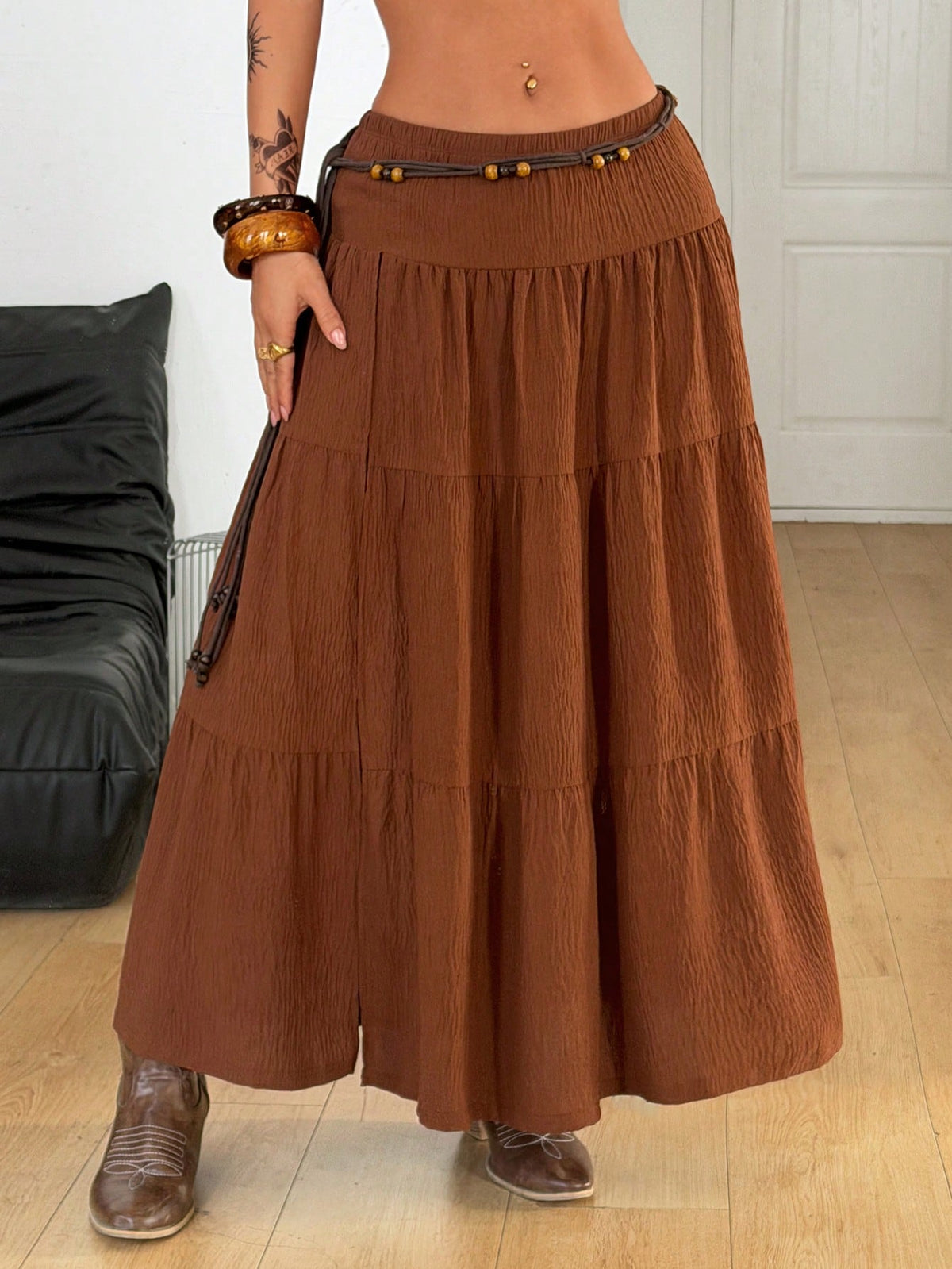 Coolane Summer For Women Streetwear Going Out Vacation Casual Boho Textured Pleated Low Rise Split Shades Of Brown Skirt, Casual Western Beach